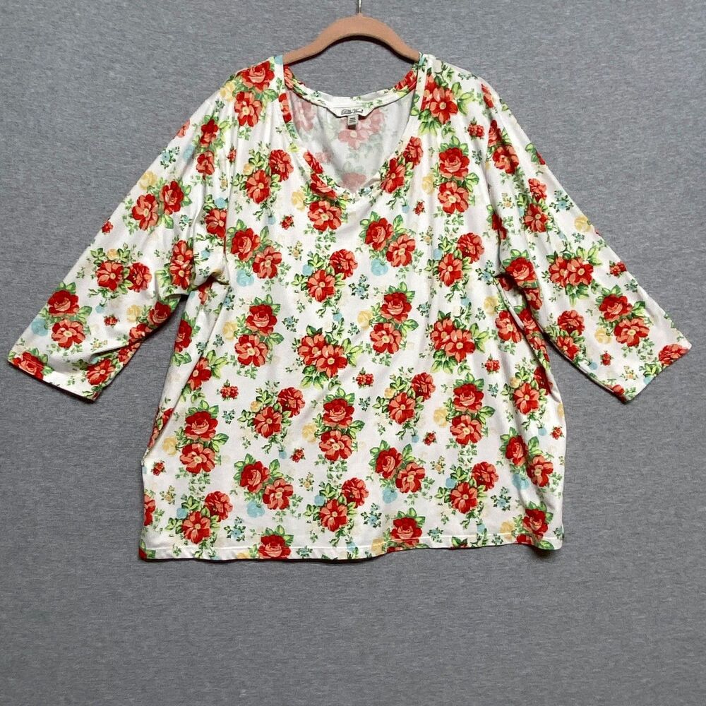 The Pioneer‎ Woman Top Womens XXXL Red Floral Scoop Neck 3/4 Sleeve Jersey Shirt